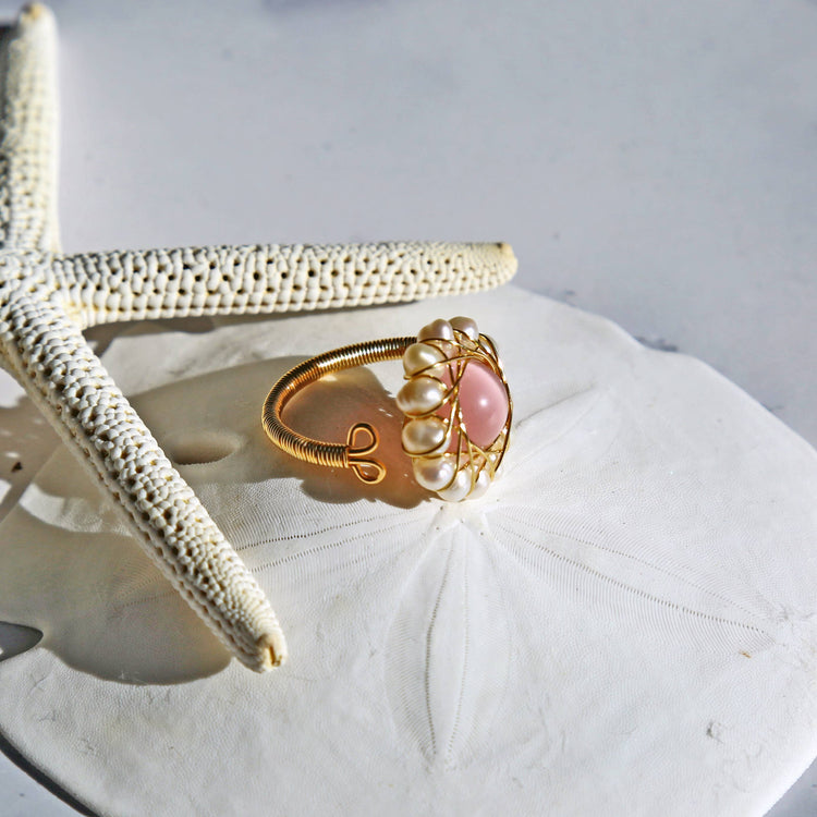 Boho Style Pink Cat Eye Bypass Ring Decorated by Cultured Fr