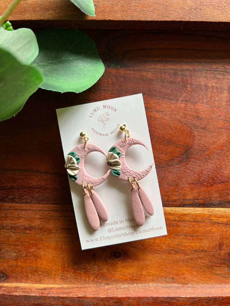 Floral Moon Earrings In Pink