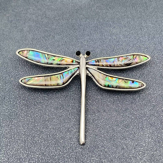Abalone Shell Dragonfly Silver Tone Brooch