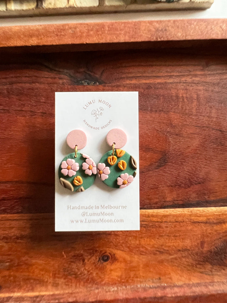 Green and Pink Blossom Earrings Spring