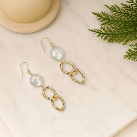 Golden Cascade Coin Pearl Earrings