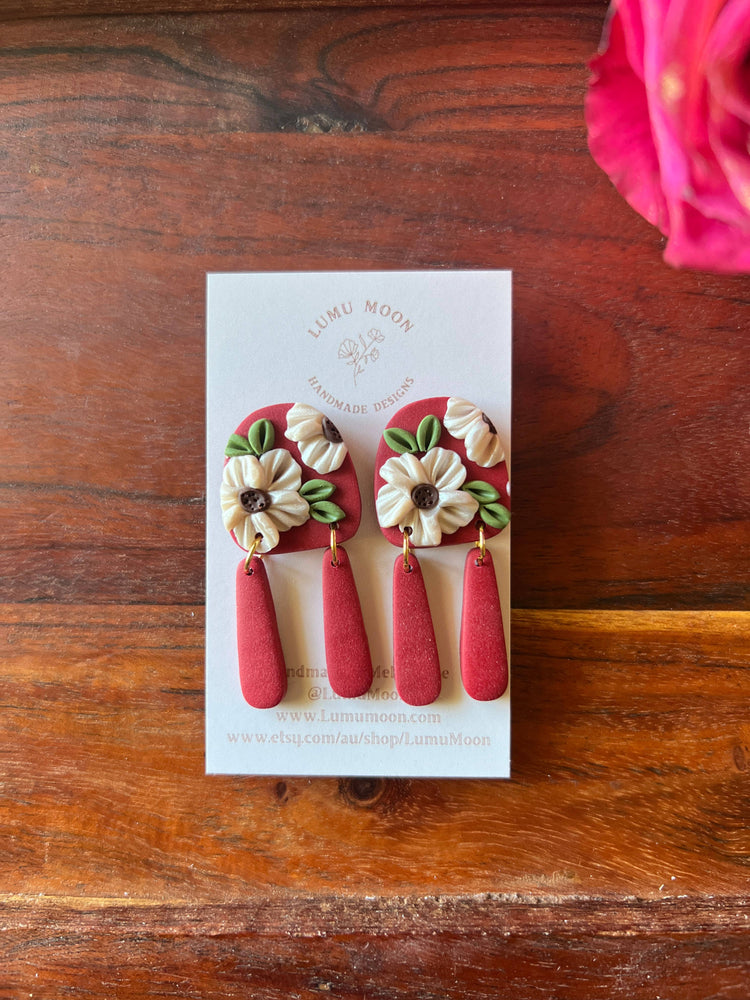 Penny Red & Floral Earrings - Statement shape