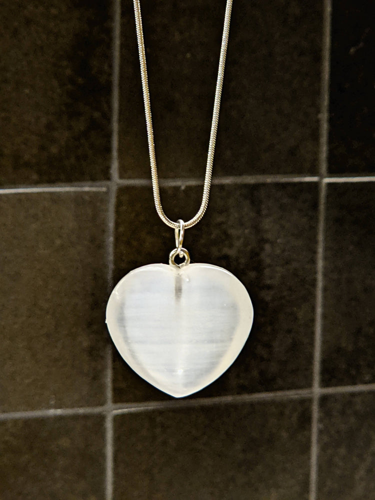Selenite Necklace Heart & Silver Chain