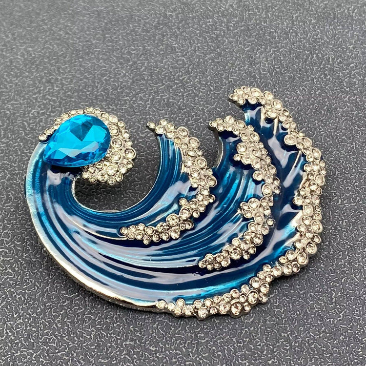 Rhinestone Enamel Wave Brooch