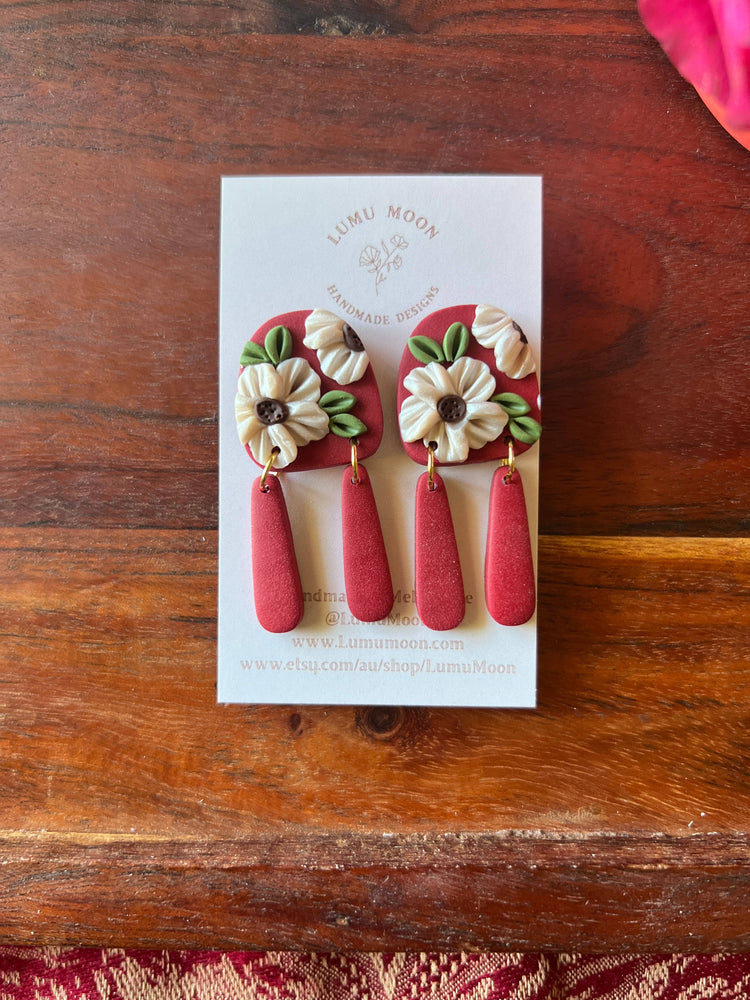 Penny Red & Floral Earrings - Statement shape