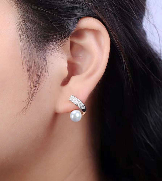 CZ Inlaid Bar and Natural Pearl Stud Earring