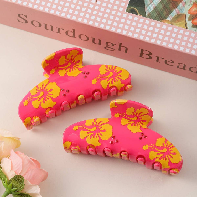 Hibiscus Flower Print Hair Claw, Tropical Summer Accessory: Pink