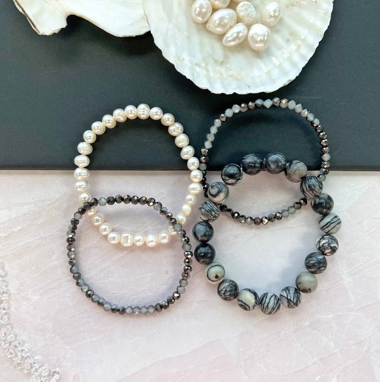 Silver Jasper, Cultured Pearl, and Crystal Bracelet Set