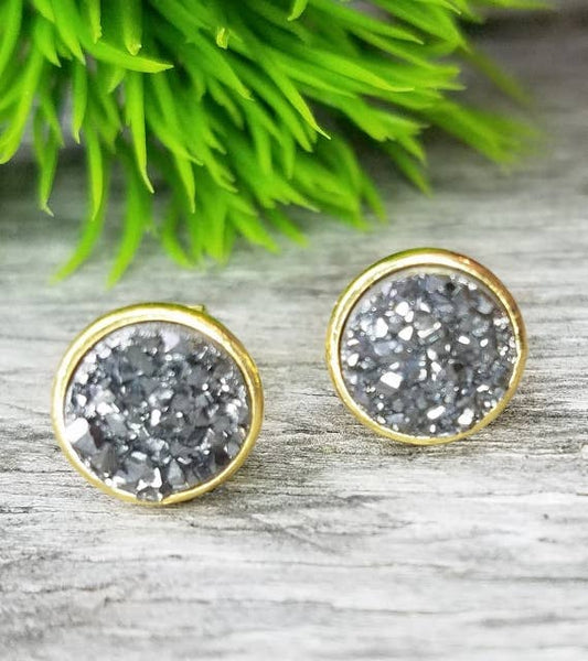 Druzy Quartz Stud Earrings Black