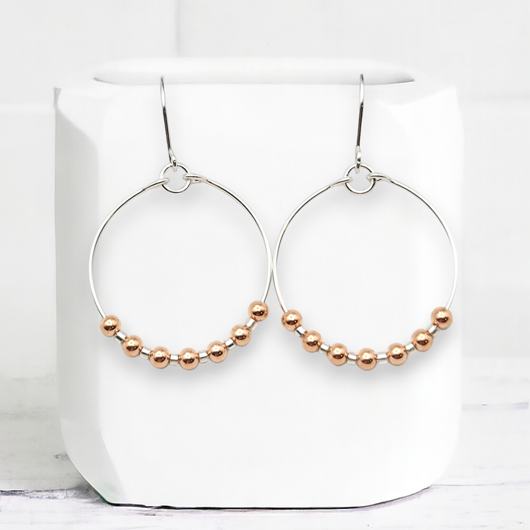 Silver Hoop Earrings with Copper Beads