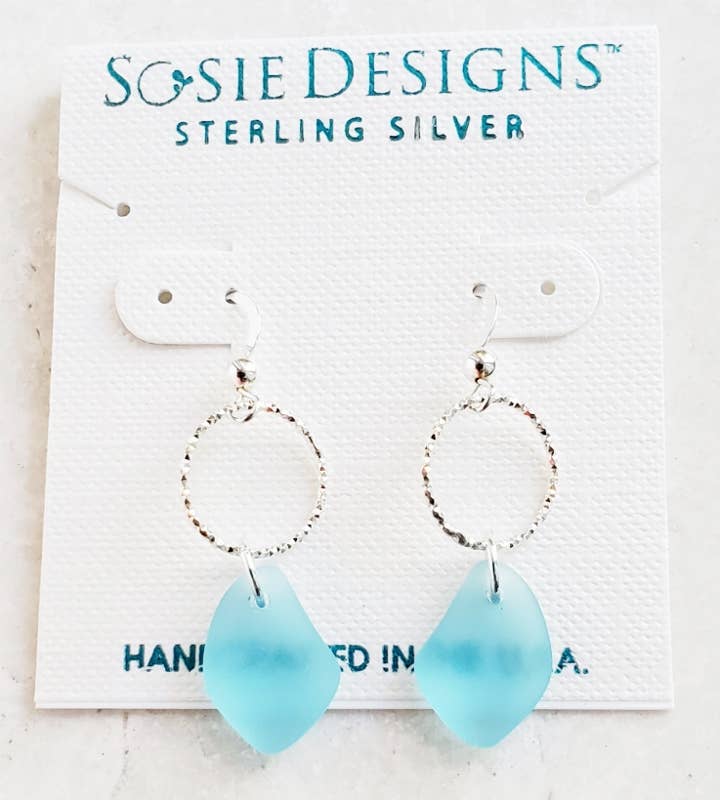 Silver Diamond Cut Sea Glass Pebble Earrings - Turquoise