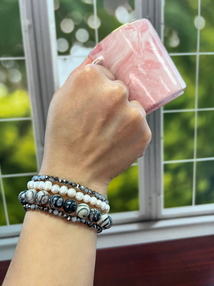 Silver Jasper, Cultured Pearl, and Crystal Bracelet Set