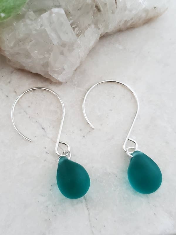 Silver Eco Sea Glass Sea Droplets Earrings - Teal
