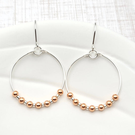 Copper Beads Silver Hoop Earrings