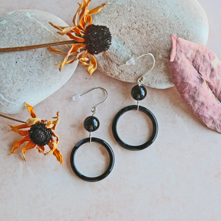 Onyx Ring Drop Down Earrings