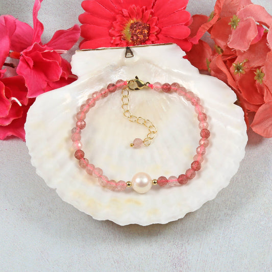 Single Pearl & Strawberry Quartz Bracelet