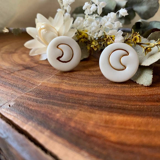 Moon Imprint in Gold - Porcelain Earrings: White Stud Earrings