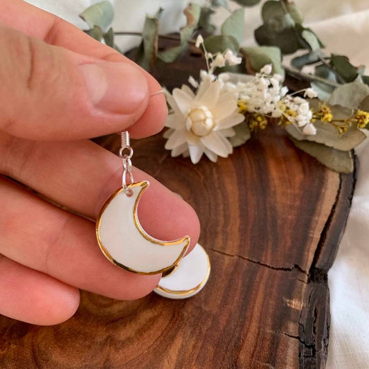 Moon shaped Porcelain Earrings with Gold: White