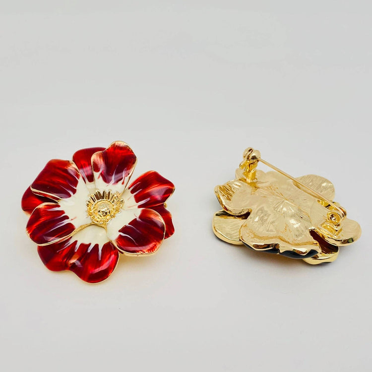 Vintage Enamel Big Flower Brooch: Red + White