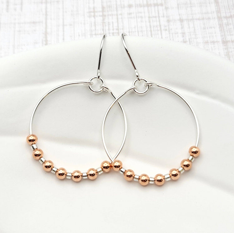 Silver Hoop Earrings with Copper Beads