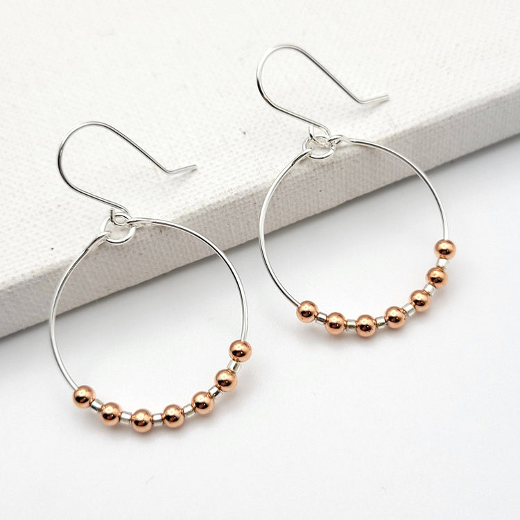 Silver Hoop Earrings with Copper Beads