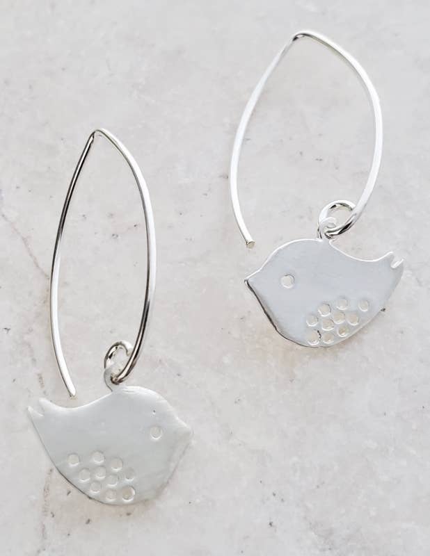 Silver Matte Spotted Bird Dangle Earrings