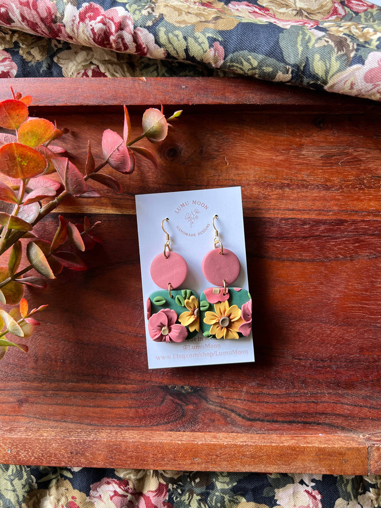 Green Spring Floral Earrings - Two colour Square