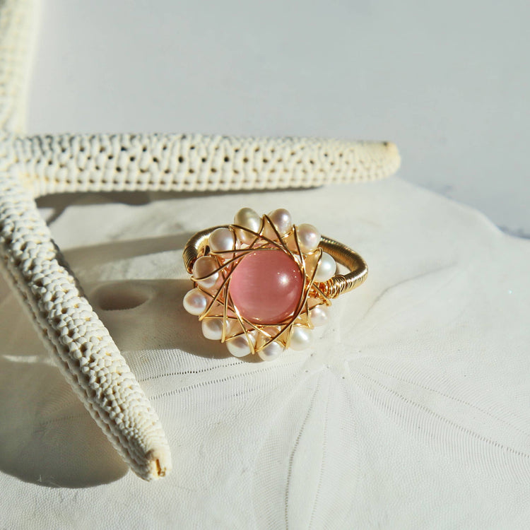 Boho Style Pink Cat Eye Bypass Ring Decorated by Cultured Fr