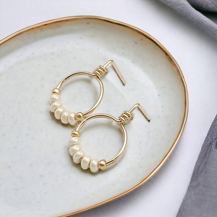 Gold & Pearl Lustre Beaded Hoop Stud Earrings