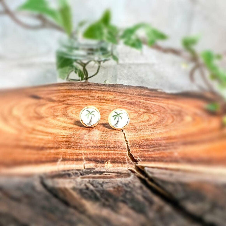 Palm Tree Earrings Stud in Colour With Gold on Rim