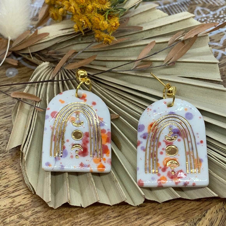 Ariel - Porcelain Earrings with Gold finish: Rainbow With Moon