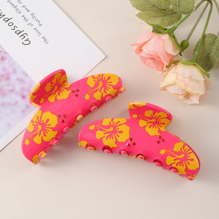 Hibiscus Flower Print Hair Claw, Tropical Summer Accessory: Pink