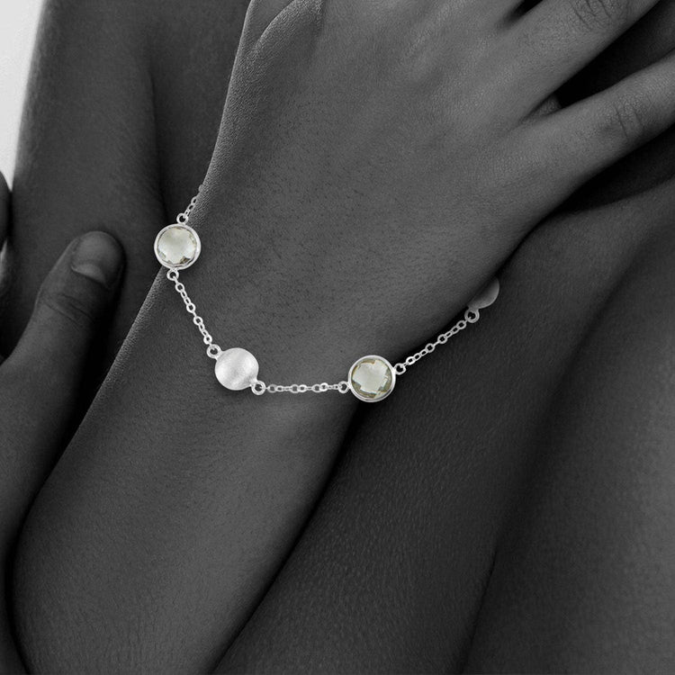 Sterling Silver Link Bracelet w/Satin Balls & Green Amethyst
