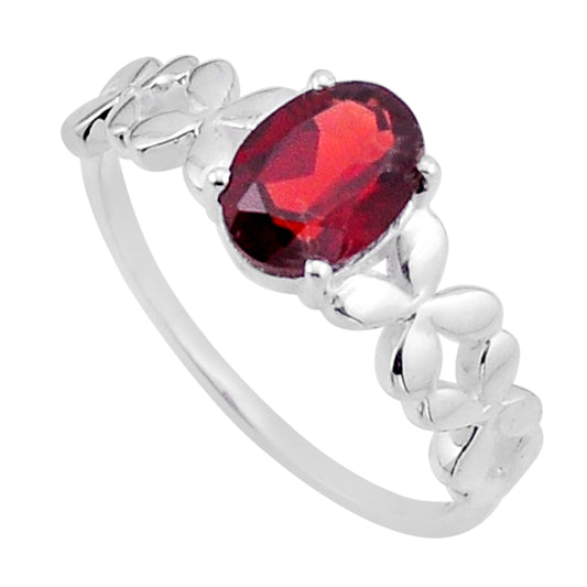 Garnet Flower Silver Ring