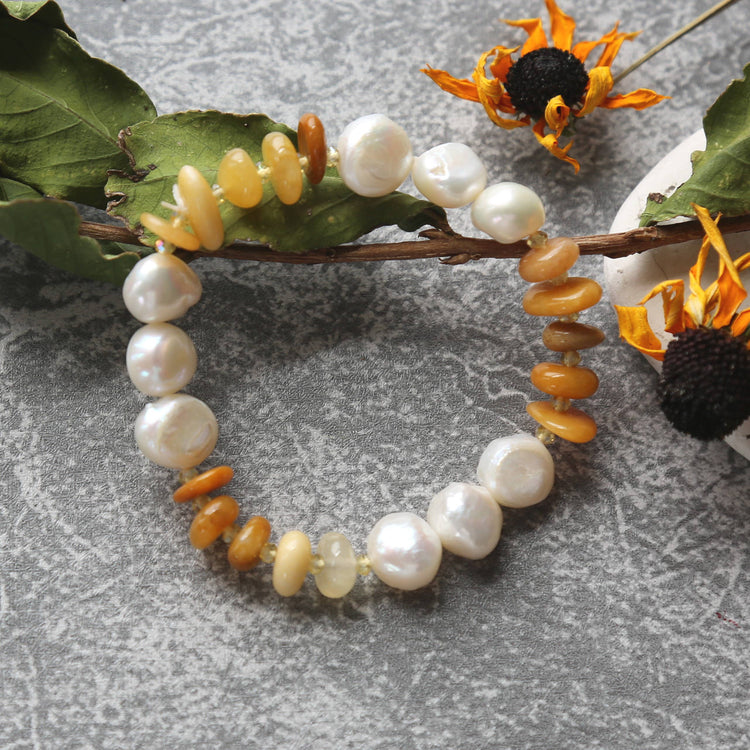 Yellow Jade & Cultured Pearl Beaded Stretch Bracelet