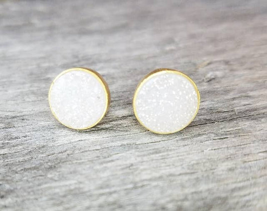 Druzy Quartz Stud Earrings Rainbow White