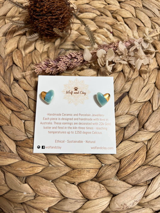 Heart with gold - Ceramic Stud Earrings : White