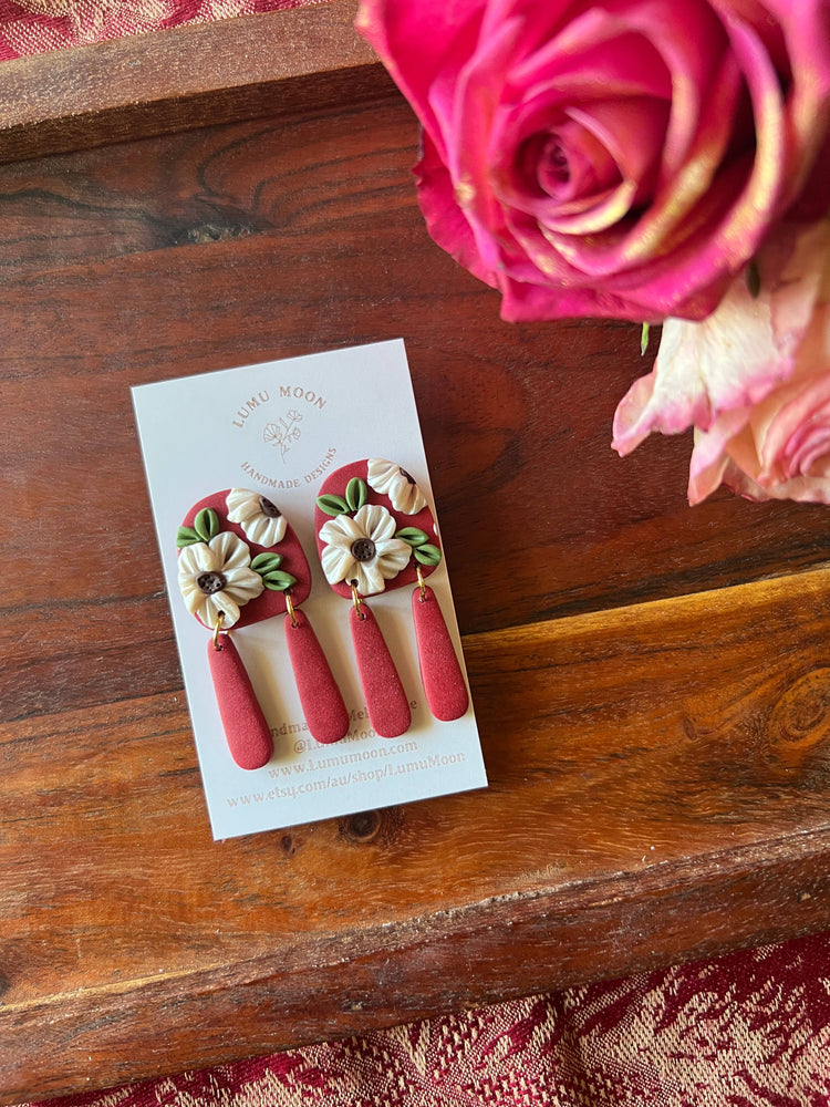Penny Red & Floral Earrings - Statement shape