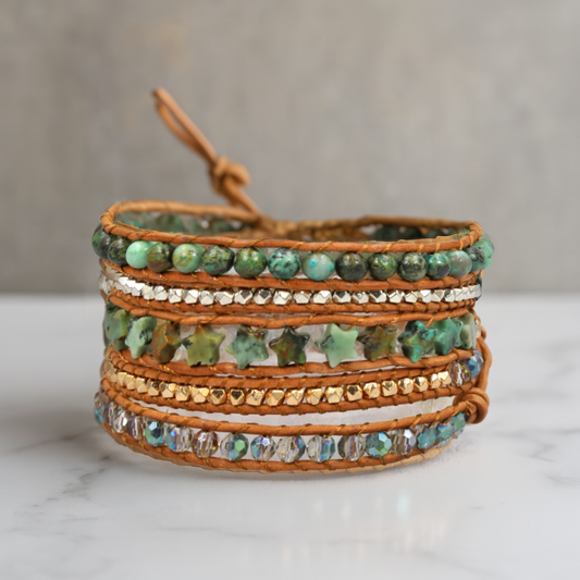 Celestial Grove – Five-Wrap African Turquoise & Crystal Brac