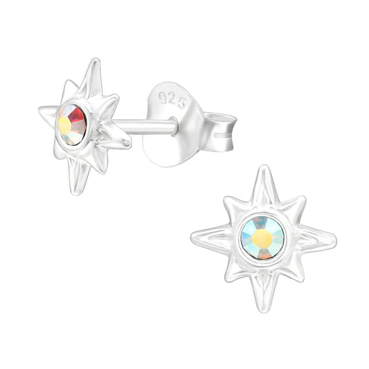Silver Northern Star Ear Studs with Crystal