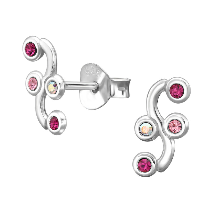 S-Curve Cluster Sterling Silver Ear Studs with Mix Color Crystals