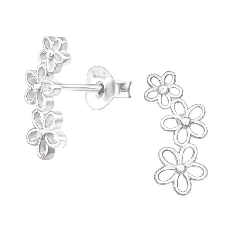 Silver Flowers Triple Ear Studs