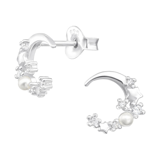 Silver Moon and Star Ear Studs with Cubic Zirconia and Imitation Pearl