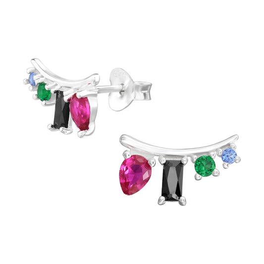 Sterling Silver Climber Ear Studs with Cubic Zirconia