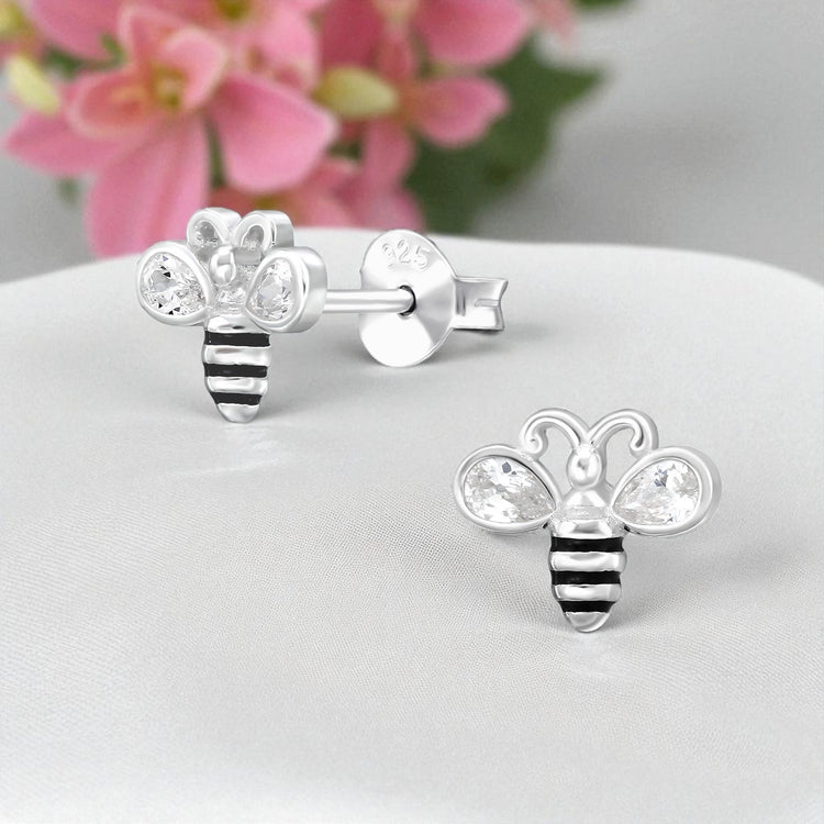 Bee Sterling Silver Ear Studs with White Cubic Zirconia and Black Epoxy