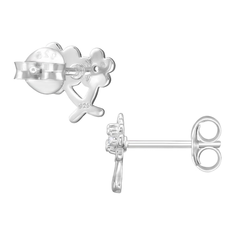 Five-Petal Flowers Sterling Silver Ear Studs with Cubic Zirconia