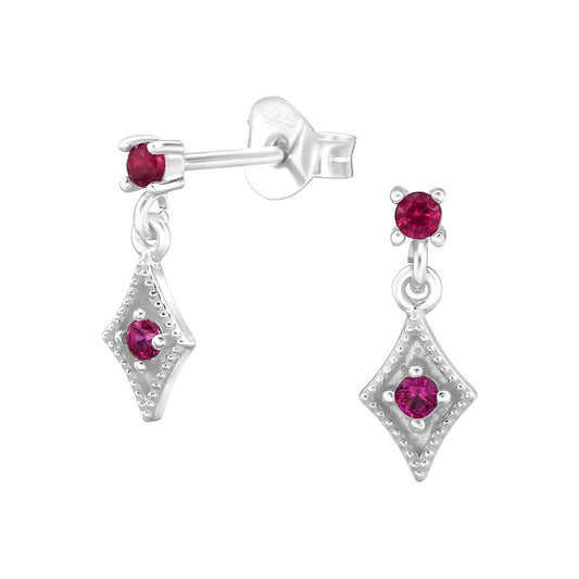 Rhombus Sterling Silver Ear Studs with Cubic Zirconia in Ruby
