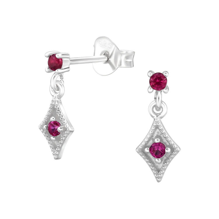 Rhombus Sterling Silver Ear Studs with Cubic Zirconia in Ruby