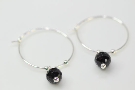 Black Spinel Silver Hoop Earrings