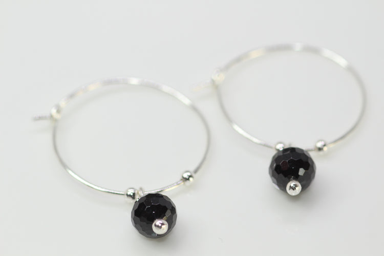 Black Spinel Silver Hoop Earrings